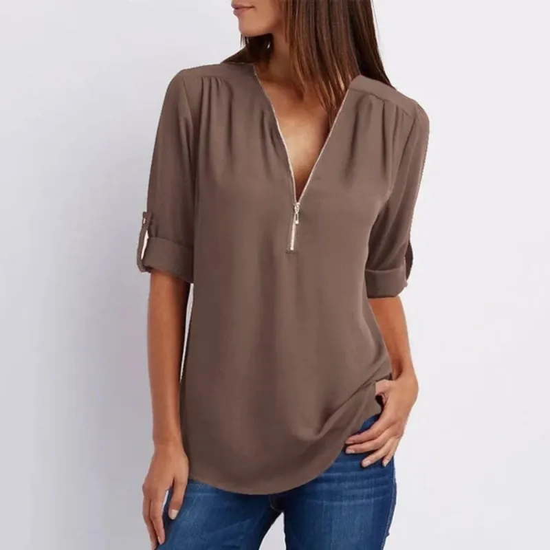 V-Neck Zippe Plain Blouses