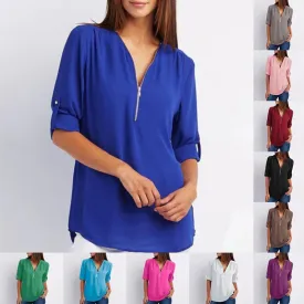 V-Neck Zippe Plain Blouses