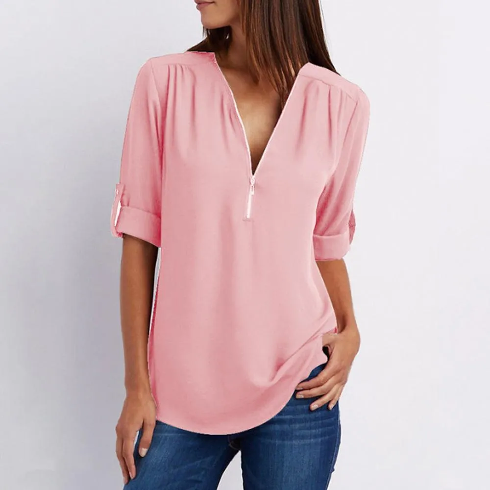 V-Neck Zippe Plain Blouses