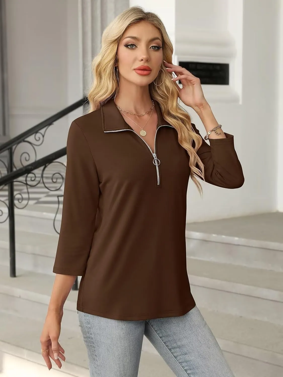 Women's 3/4 Sleeve Tops V Neck T Shirts Zipper Solid/Color Block Collared Polo Shirts