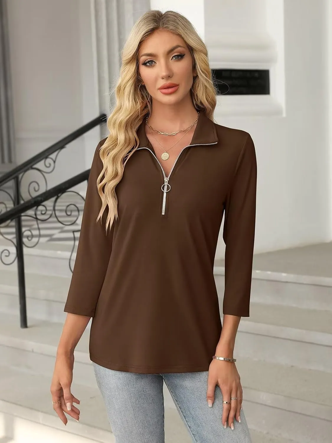 Women's 3/4 Sleeve Tops V Neck T Shirts Zipper Solid/Color Block Collared Polo Shirts