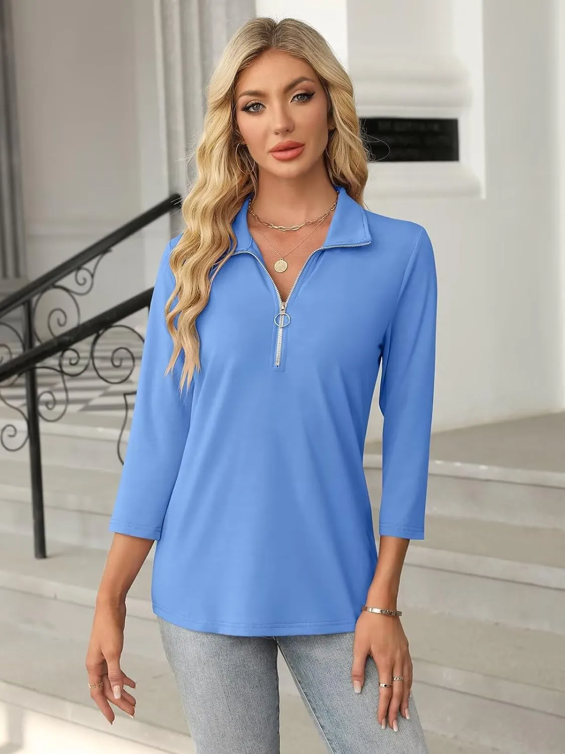 Women's 3/4 Sleeve Tops V Neck T Shirts Zipper Solid/Color Block Collared Polo Shirts