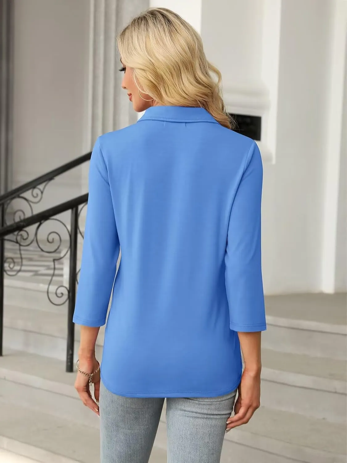 Women's 3/4 Sleeve Tops V Neck T Shirts Zipper Solid/Color Block Collared Polo Shirts