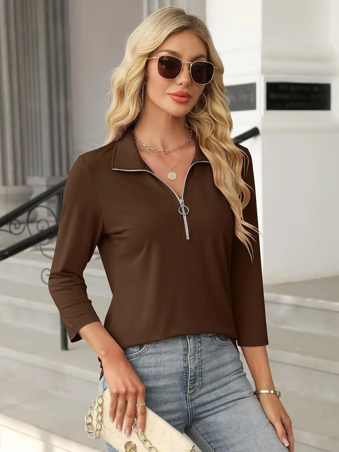 Women's 3/4 Sleeve Tops V Neck T Shirts Zipper Solid/Color Block Collared Polo Shirts