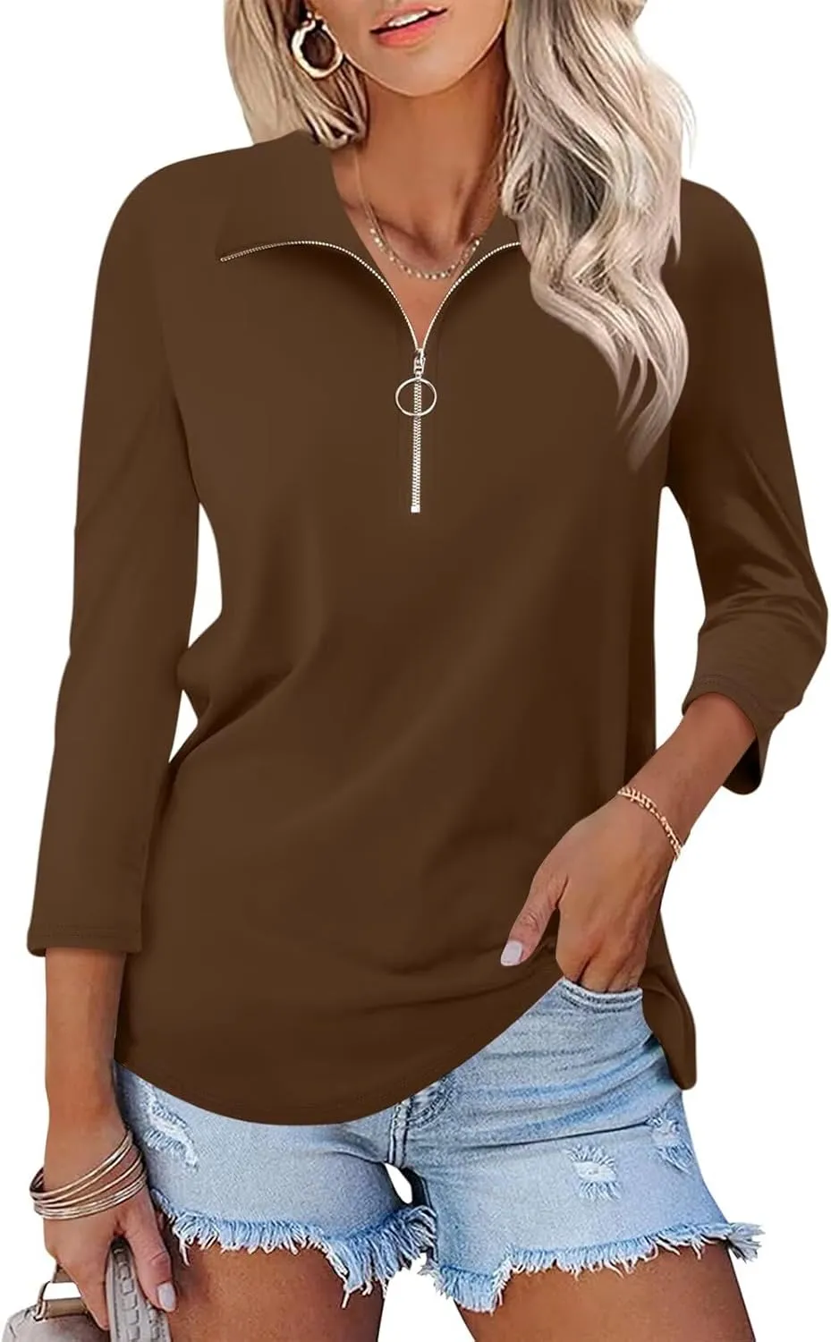 Women's 3/4 Sleeve Tops V Neck T Shirts Zipper Solid/Color Block Collared Polo Shirts
