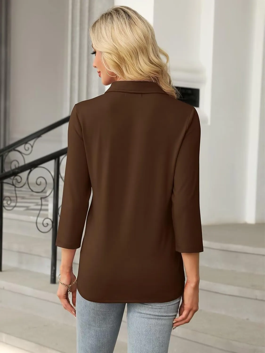 Women's 3/4 Sleeve Tops V Neck T Shirts Zipper Solid/Color Block Collared Polo Shirts
