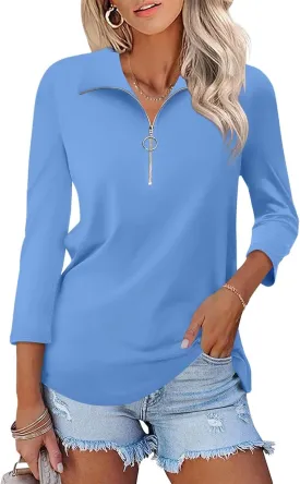 Women's 3/4 Sleeve Tops V Neck T Shirts Zipper Solid/Color Block Collared Polo Shirts
