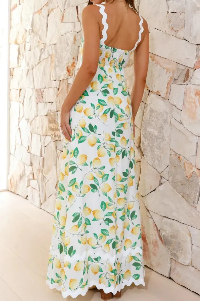 Women's Classy Sleeveless Lemon Print Maxi RIC Rac Dress