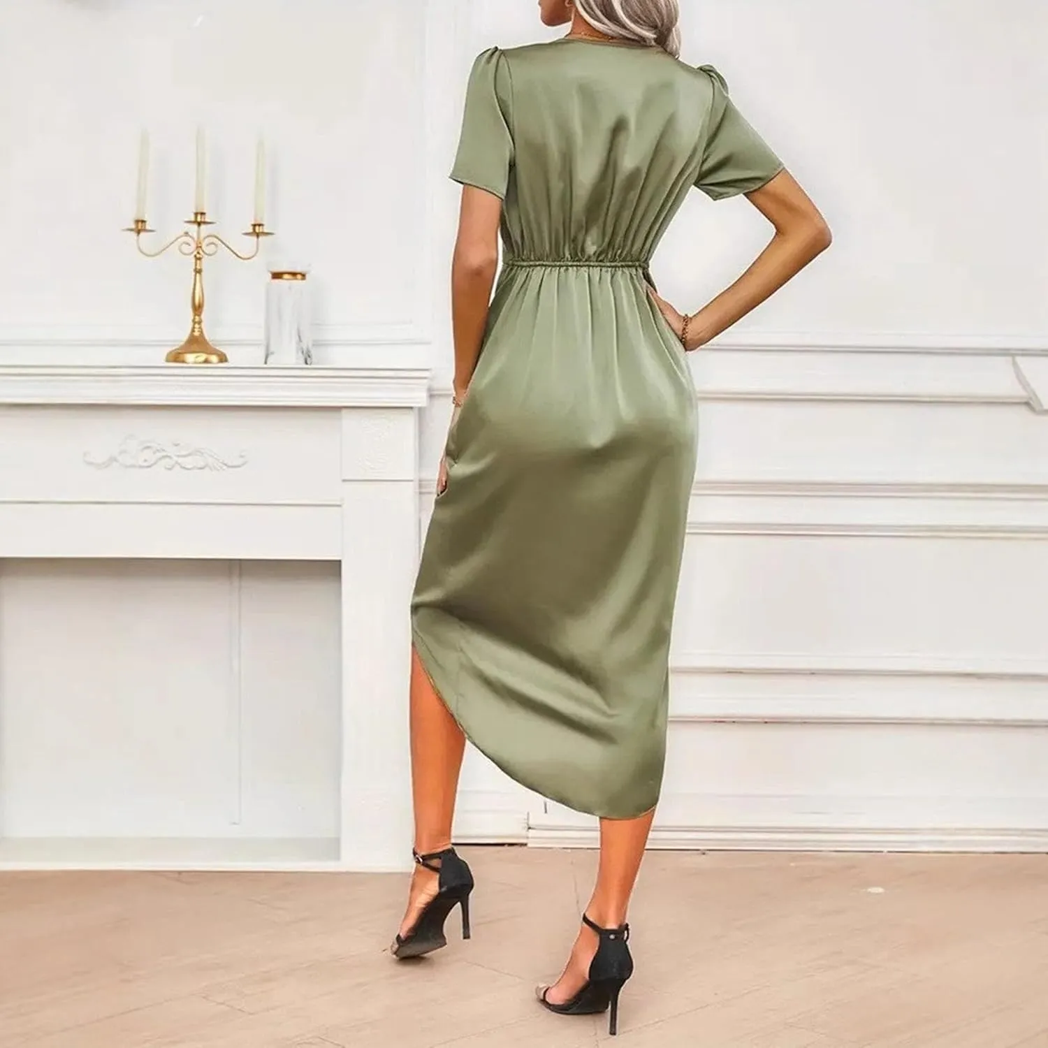 Women's Deep V Neck Wrap Midi Dresses Short Sleeve Elegant Side Slit Dress Irregular Hem Solid Cocktail Dress