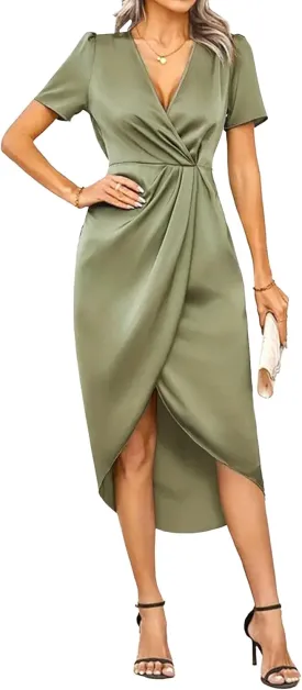 Women's Deep V Neck Wrap Midi Dresses Short Sleeve Elegant Side Slit Dress Irregular Hem Solid Cocktail Dress
