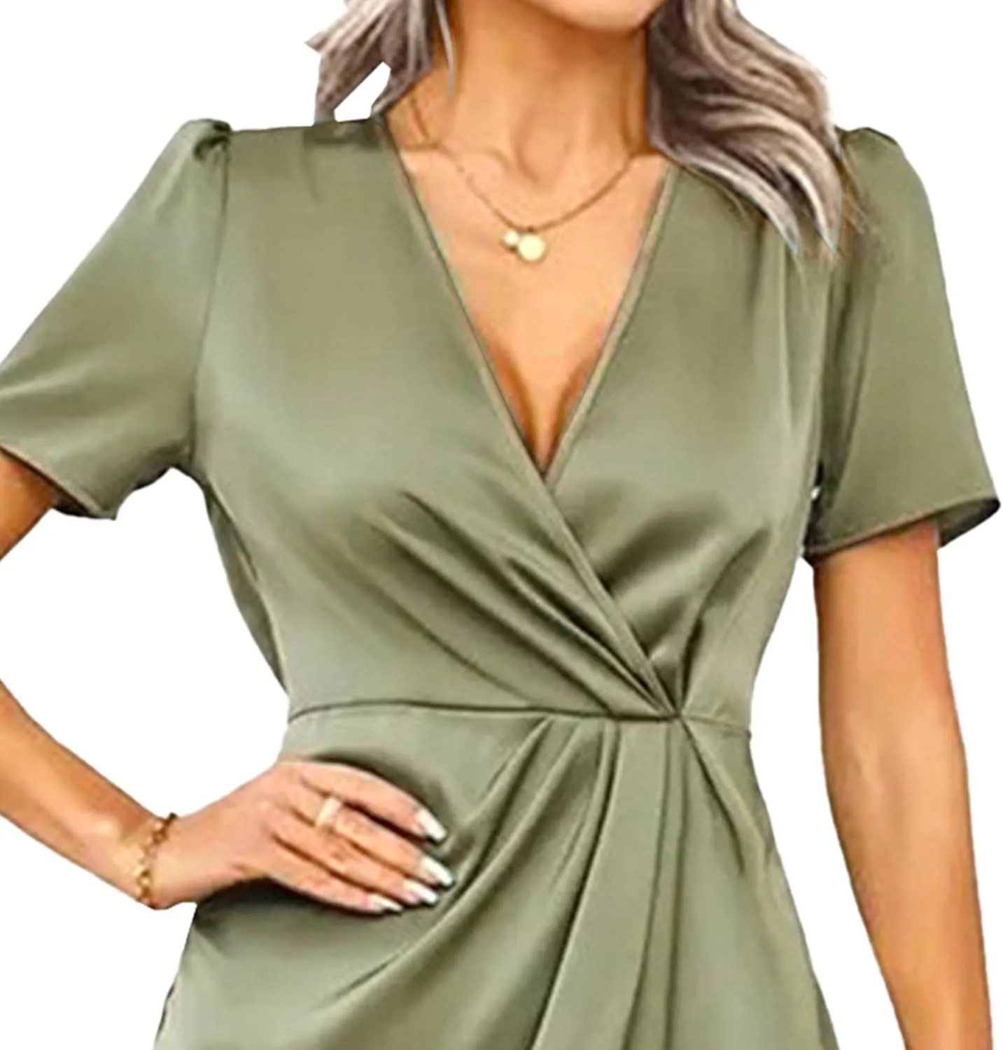 Women's Deep V Neck Wrap Midi Dresses Short Sleeve Elegant Side Slit Dress Irregular Hem Solid Cocktail Dress