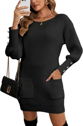 Women's Sexy Off The Shoulder Pocket Sweater Dress Spring 2025 Trendy Ribbed Knit Solid Long Sleeve Mini Dresses