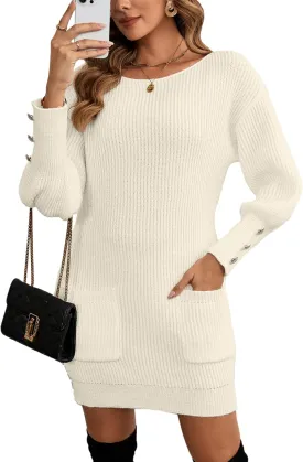 Women's Sexy Off The Shoulder Pocket Sweater Dress Spring 2025 Trendy Ribbed Knit Solid Long Sleeve Mini Dresses