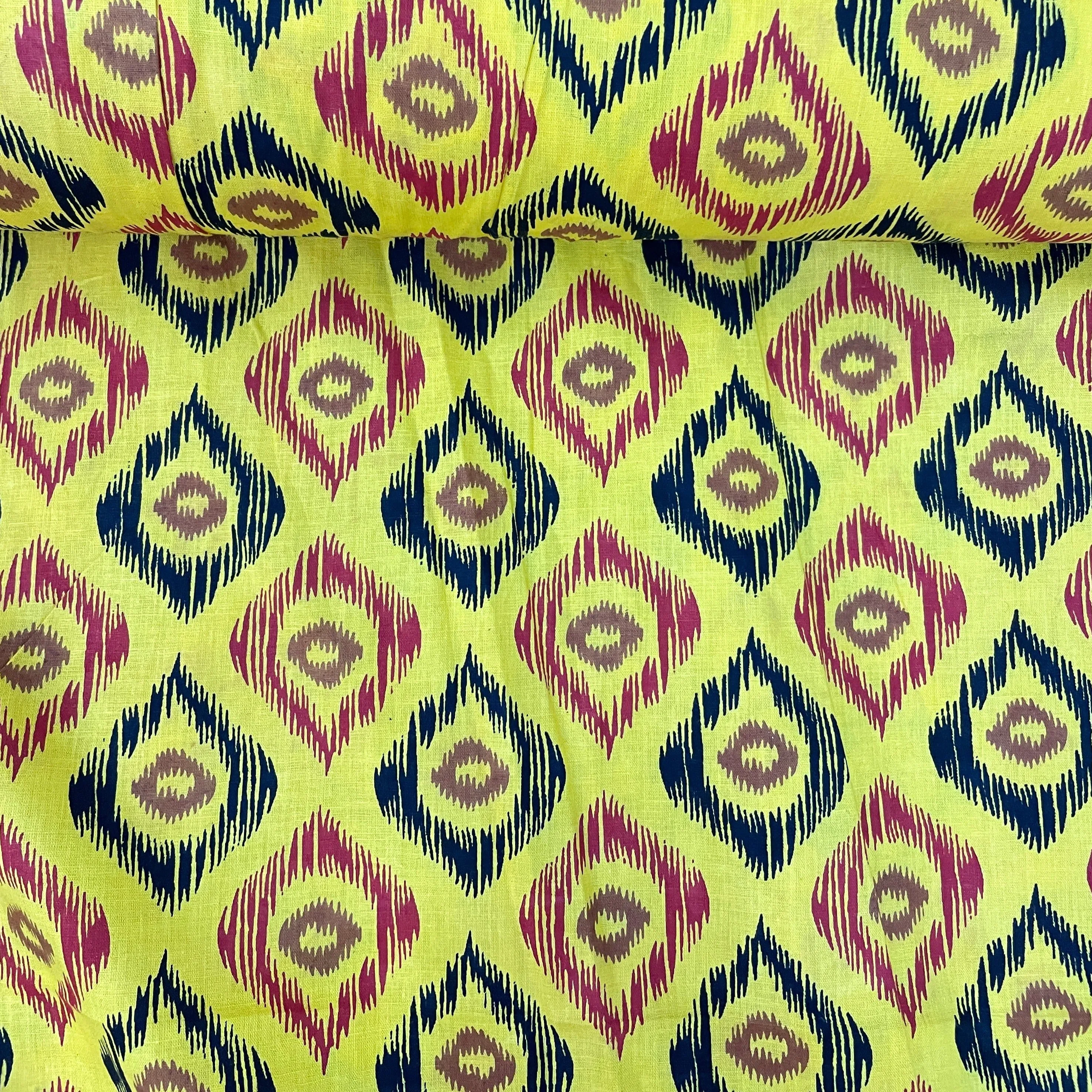 Yellow Ikkat Print Poplin Cotton Fabric