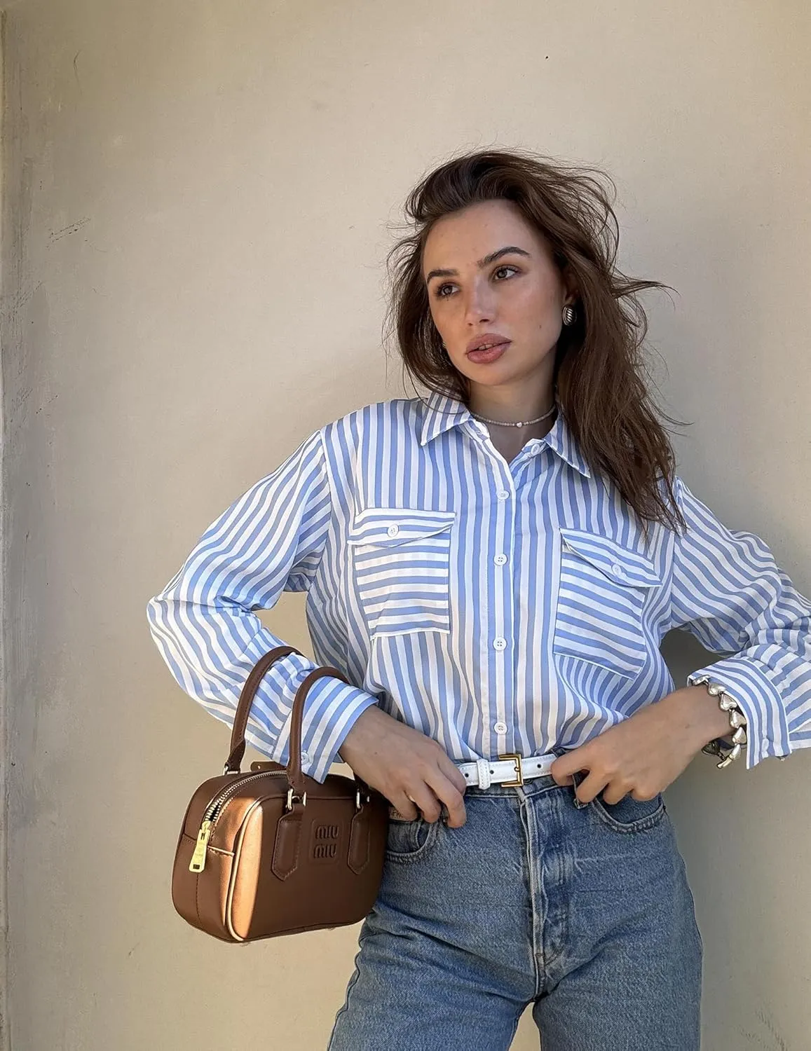Zeagoo Womens Button Down Shirts Casual Long Sleeve Drop Shoulder Blouses Solid Color Dress Shirts with Pockets