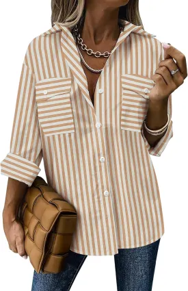 Zeagoo Womens Button Down Shirts Casual Long Sleeve Drop Shoulder Blouses Solid Color Dress Shirts with Pockets