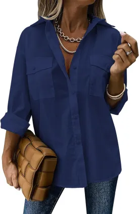 Zeagoo Womens Button Down Shirts Casual Long Sleeve Drop Shoulder Blouses Solid Color Dress Shirts with Pockets