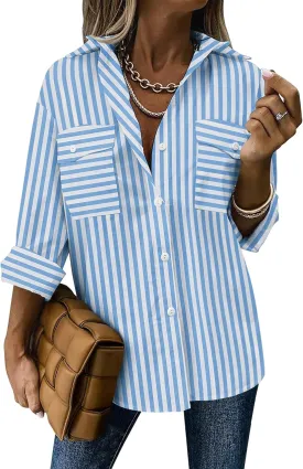 Zeagoo Womens Button Down Shirts Casual Long Sleeve Drop Shoulder Blouses Solid Color Dress Shirts with Pockets