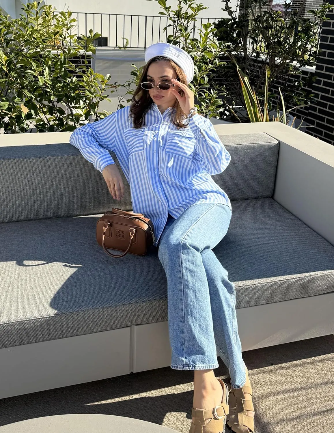 Zeagoo Womens Button Down Shirts Casual Long Sleeve Drop Shoulder Blouses Solid Color Dress Shirts with Pockets