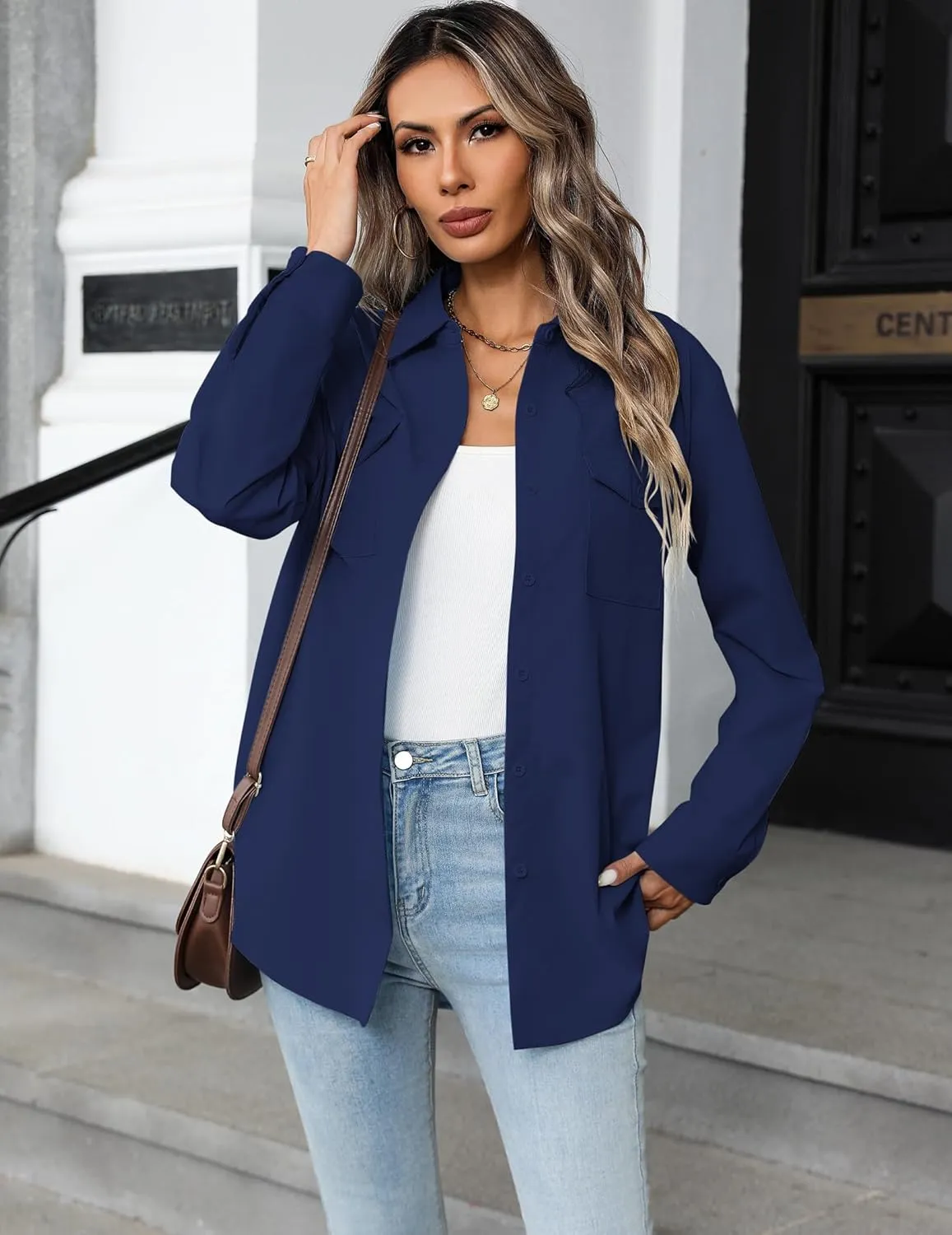 Zeagoo Womens Button Down Shirts Casual Long Sleeve Drop Shoulder Blouses Solid Color Dress Shirts with Pockets